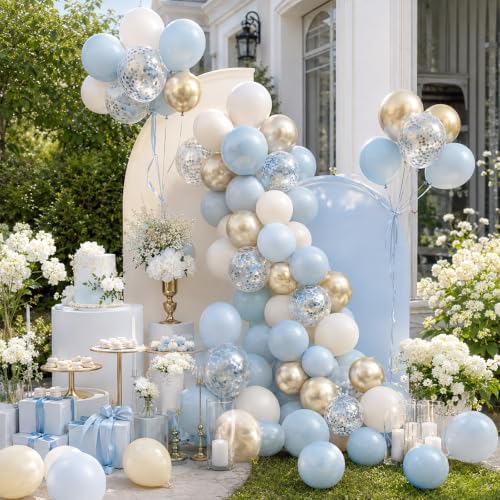 Dusty Blue and Gold Balloons, 12 Inch Blue Gold Balloons, Retro Fog Blue Metallic Golden White Confetti Balloons Latex Balloon for Wedding Baby Shower Gender Reveal Birthday Party Decoration - Image 6