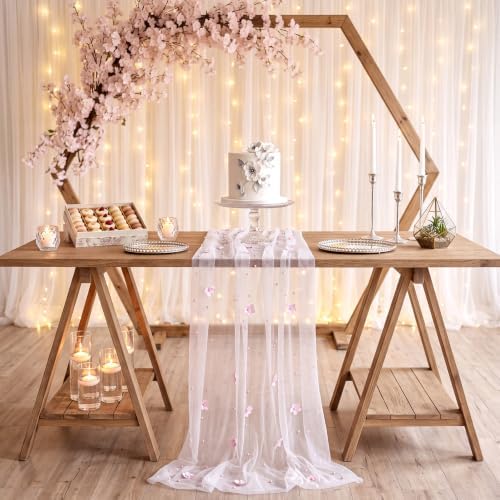 3 Pcs Flower Pearl Tulle Table Runner 10ft White for Wedding - Image 2