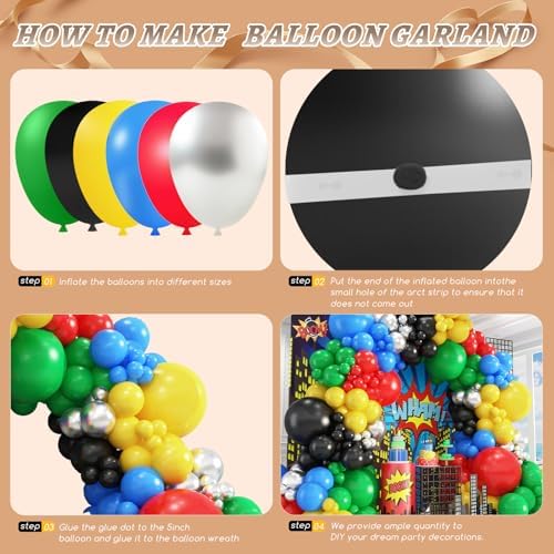 412Pcs Red Blue Yellow Green Black Balloon Arch Garland Kit, 18 12 10 5 Inch Different Size Latex Balloons for Birthday, Video Game Themed Party - Image 3