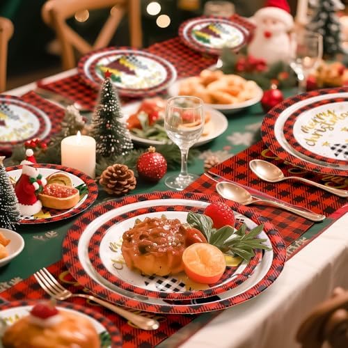 72PCS Christmas Plates and Napkins for Party Decorations, Set of 24 Merry Christmas Disposable Tableware Supplies, Gnome Red Plaid Paper Plates for Christmas in July Party - Image 5