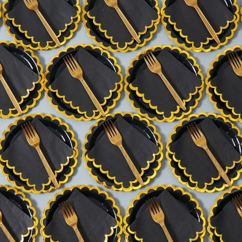 black & gold scalloped party plates with napkins and fork gold foil border, 24 Guest Black disposable Tableware Set Party Decoration for Birthday Coquette Bridal Baby Shower Valentines - Image 7