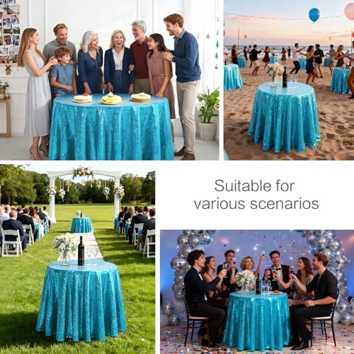120" Round Turquoise Sequin Tablecloth for Baby Shower Party Decorations - Image 2