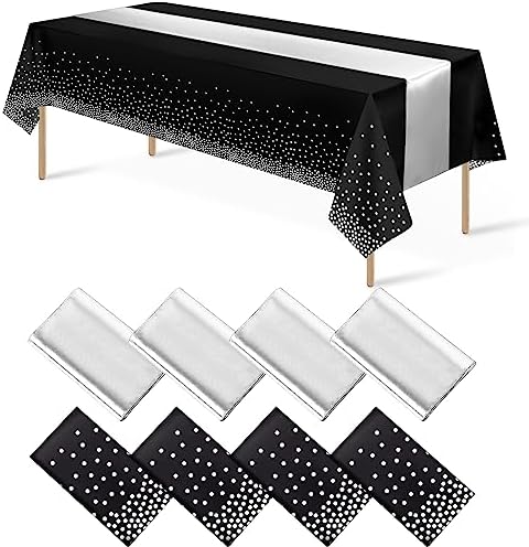 8Pack Disposable Plastic Tablecloths and Satin Table Runner Set Black and Silver Dot Tablecloth Silver Satin Table Runner for Wedding Birthday Baby Shower Anniversary Christmas New Year Party Supply by MASHAN