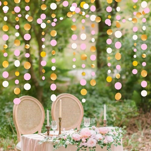 Gold and Pink Party Decorations Circle Dots Garland Metallic Gold Light Pink and White Hanging Polka Dot Streamer for Women Girl Birthday Bridal Shower Wedding Princess Party Supplies - Image 6