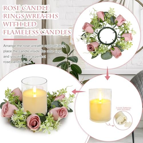 12 PCS Roses Candle Rings Wreaths with LED Candles - Dusty Pink - Image 3