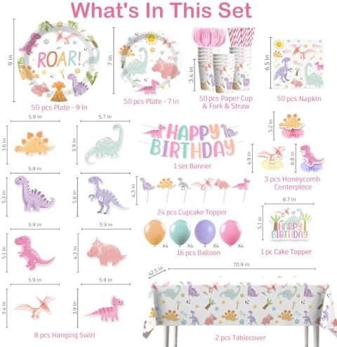Xynic 363 pcs Pastel Dinosaur Birthday Decorations Girl, Plates Serves 50 - Image 2