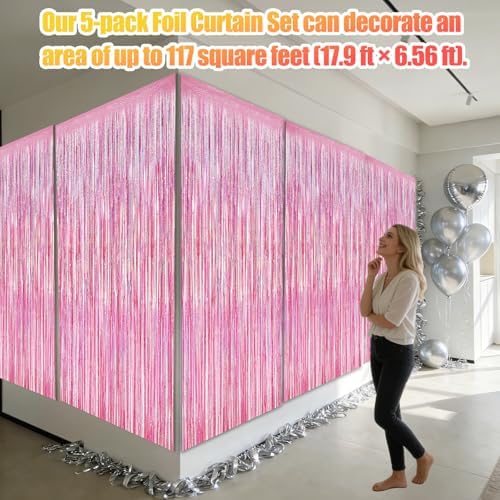 5 Pack 3.28ft x 6.56ft Glitter Pink Tinsel Foil Fringe Curtains, Photo Booth Backdrop Party Decorations for Birthday Wedding Baby Shower Graduation Valentines Day New Years - Image 3