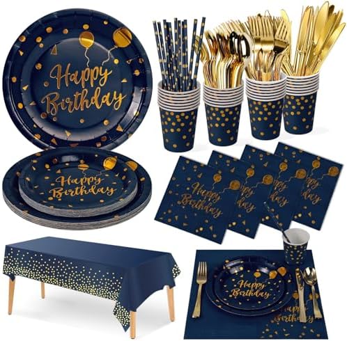 Nkaiso 161 Pcs Navy Blue Gold Birthday Plates and Napkins Set -20 Serves by Nkaiso