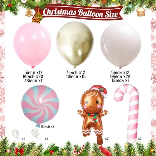 Pink Christmas Balloon Arch Kit, Pastel Baby Pink White Gold Christmas Balloons with Gingerbread Man Candy Cane Swirl Lollipop Foil Balloon for Xmas Birthday Baby Shower Party Decorations - Image 2