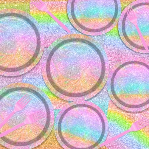 Iridescent Glitter Rainbow Party Supplies for 20 Guests, Disposable Holographic Glitter Pastel Tableware Set Includes Plates, Napkins, Forks, Tablecloth for Girls Birthday Party Decorations - Image 3