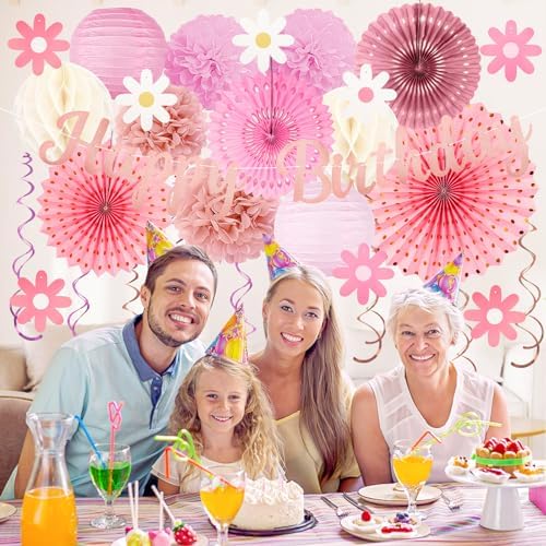 Pink Birthday Party-Decorations - 29pcs Beige Rose Gold Party Decorations for Women Girls, Happy Birthday Banner Paper Daisy Flower Streamers Lanterns Tissue Pom Poms - ZERODECO - Image 4
