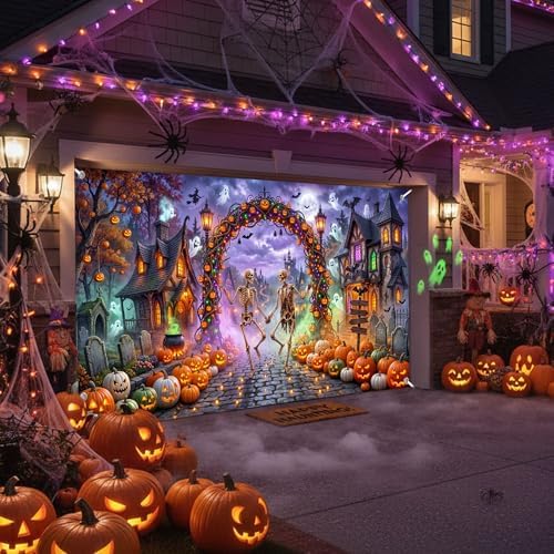 Halloween Garage Door Cover 16x7ft 2 Car Skeleton Pumpkin Arch Ghost Decor - Image 6