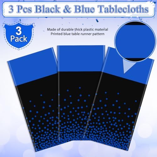 MASHAN 3Pcs Black and Blue Tablecloth Party Decorations,Plastic Black Table Cloth Printed Blue Table Runner Disposable Rectangle Cover for Birthday Wedding Anniversary Graduation Party,54 x108 Inch - Image 4