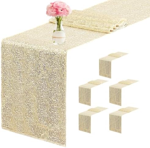 6 Packs 12 x 72 inches Sequin Table Runner, Champagne Glitter Table Runner for Birthday Party Supplies Wedding Engagement Baby Shower Holiday Celebration Event Decorations by Yblut