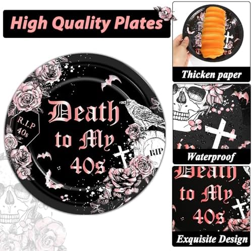 Qyeahkj 100 Pcs 50th Birthday Party Supplies Death to My 40s Paper Plates and Napkins Set Black Rose Gold Rip to My 40s Disposable Tableware Decorations for Women Forties Funeral Youth Serve 25 Guests - Image 4