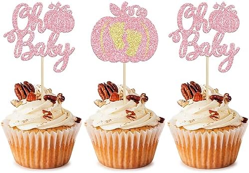 24Pcs Pumpkin Oh Baby Cupcake Toppers Glitter Baby Feet Pumpkin Cupcake Picks for Fall Theme Baby Shower Kids Birthday Party Cake Decorations Supplies Pink by Ephlyn
