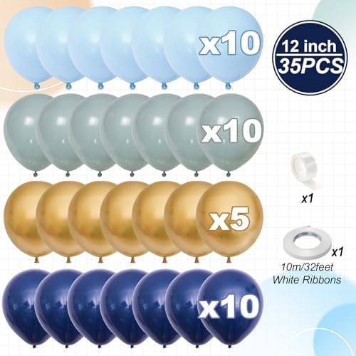 Jobkoo Navy Blue Gold Balloons, 12 Inch Dusty Light Blue Golden Latex Balloon Set for Boys Birthday Winter Wonderland Wedding Baby Shower Party Decorations - Image 3