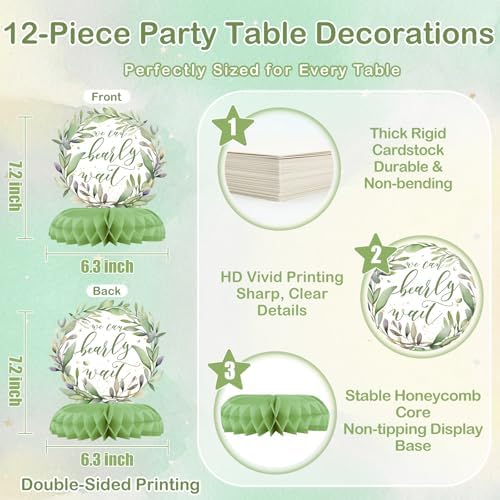 12 Pcs Sage Green Teddy Bear Baby Shower Decorations - We Can Bearly Wait Baby Shower Decorations - Neutral Bear Balloon Centerpieces for Tables - Sage Green Honeycomb Table Decor for Baby Shower - Image 2