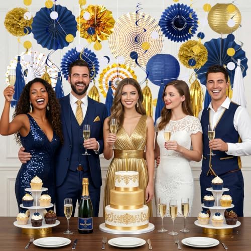 Meiduo 34 Pcs Blue Gold Party Decorations, Paper Fans Lanterns Pom Poms Set - Image 4