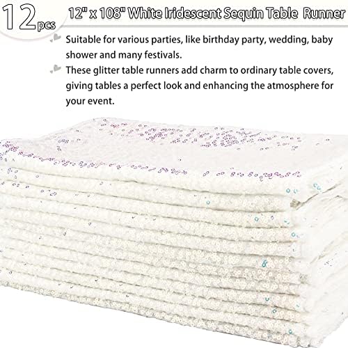12 Packs Sequin Table Runner Glitter Dining Table Runner for Birthday Wedding Engagement Bridal Baby Shower Bachelorette Holiday Celebration Party Supplies Decorations (12" x 108", White Iridescent) - Image 2