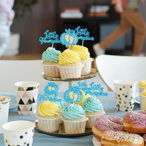 Ephlyn 24Pcs Little Pumpkin Cupcake Toppers Glitter Pumpkin Cupcake Picks Little Pumpkin Boy Baby Shower Decorations Fall Harvest Theme Baby Shower Kids Birthday Party Supplies Blue - Image 7