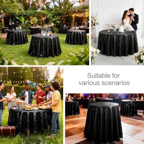 Pufogu 120" Round Black Sequin Tablecloth Glitter Black Table Cloths for Birthday Wedding Bridal Baby Shower Party Decorations - Image 2