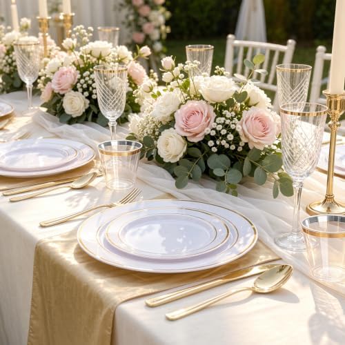 WELLIFE 450 PCS Gold Plastic Plates Set, Gold Dinnerware Set - Image 2