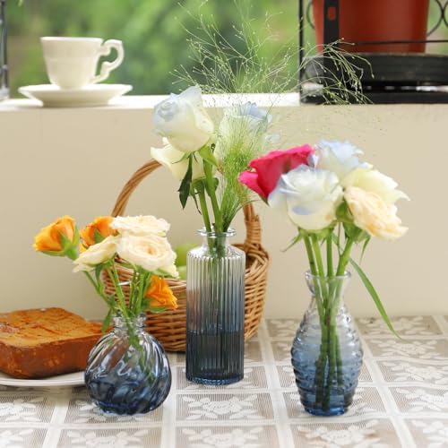 Bud Vases Set of 12, Gradient Blue Glass Vase Vintage Flower Vase for Decor Ribbed Small Bud Vases in Bulk Cute Wedding Birthday Party Centerpieces Table Decoration Home Decor - Image 4
