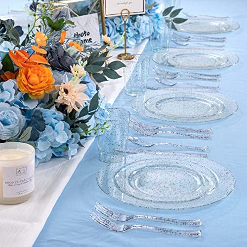 Rubtlamp 180PCS Glitter Plastic Plates with Glitter Disposable Silverware, Clear Glitter Plates for 30 Guests Include 30Dinner Platos, 30Dessert Platos, 90Cutlerys, 30Cups for Party (Pack of 2) - Image 6