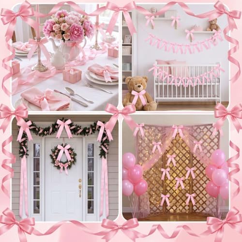2 Pcs Pink Bow Garland Banner, Pre-Strung Pink Satin Ribbon Bow Garland - Image 5