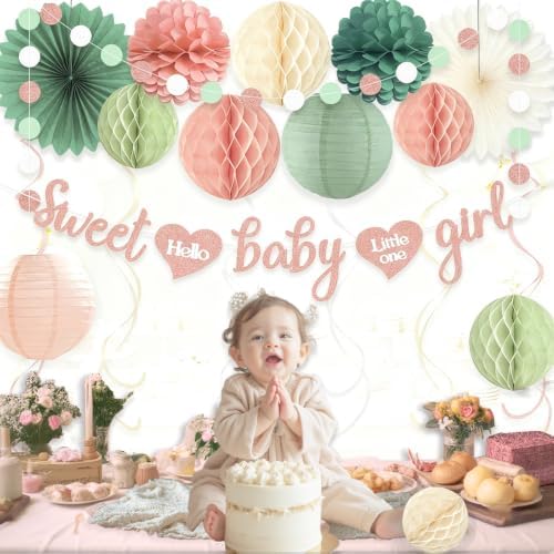 Sage Green Blush Pink Baby Shower Decorations with Sweet Baby Girl Banner - Image 5