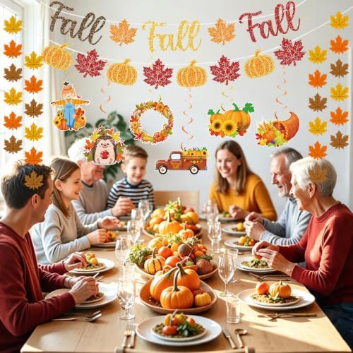 Fall Party Decorations Set Pre-Strung Fall Banner Glitter Autumn Garland Wall Decor Thanksgiving Harvest Pumpkin Maple Leaves Hanging Swirls Maple Leaves Strings for Office Classroom Home Indoor Decor - Image 6