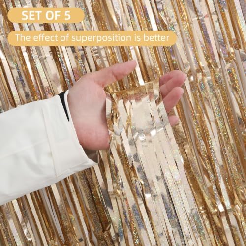 5 Pack Champagne Foil Curtain Backdrop 3.2ft x 9.8ft Metallic Tinsel Foil Fringe Curtains Streamer Photo Booth Backdrop for Birthday Party Engagement Bachelorette Party Decorations (Sparkle Champagne) - Image 2