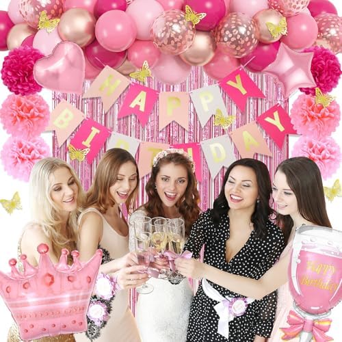 Hot Pink Birthday Party Decorations for Women Girls Happy Birthday Banner - Image 6