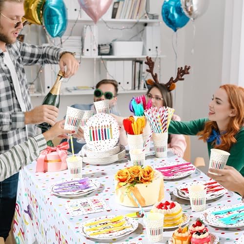 Funnymoom 452 Pcs Happy Birthday Party Decorations Supplies for 50 Guests Birthday Polka Dots Paper Plates Napkins Cups Tablecloth Cutlery for Girls Boys - Image 6