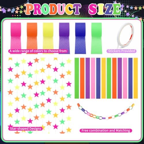 Frienda 300 Sheets Colorful Paper Chains Strips and 492 ft Crepe Paper Streamers, 52.8ft Gold Star Garlands Backdrop for Wedding Birthday Party Decorations DIY Crafts (Neon,Colorful) - Image 3