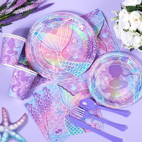 168PCS Mermaid Party Supplies, Purple Mermaid Tableware Party Plates Set - Image 6
