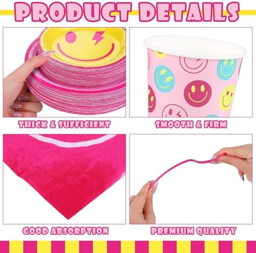 Kochorie 400 Pieces Preppy Smiley Face Party Tableware Set Paper Smile Face Plates Napkins Paper Cups Cutlery for Preppy Birthday Party Decorations Baby Shower Decor, Serve 50 Guest - Image 3