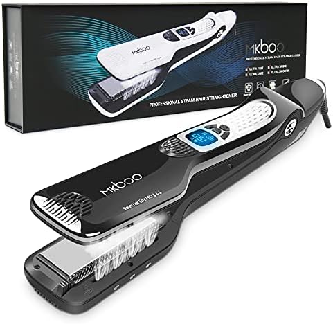 Hair Straightener with Steam, Salon Professional Nano Titanium Ceramic Steam Flat Iron with Removable Comb+Digital LCD+5 Level Adjustable Temperature+Auto Temperature Lock Black by MKBOO