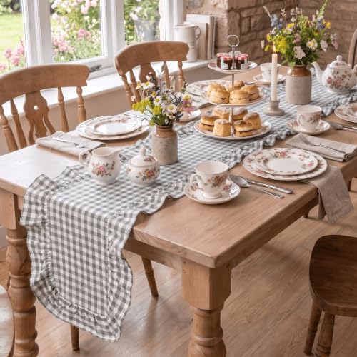 Artoid Mode Grey Farmhouse Plaid Gingham Ruffle Table Runner, Seasonal Scalloped Retro Kitchen Dining Table Decoration for Home Party Decor 13x72 Inch - Image 6