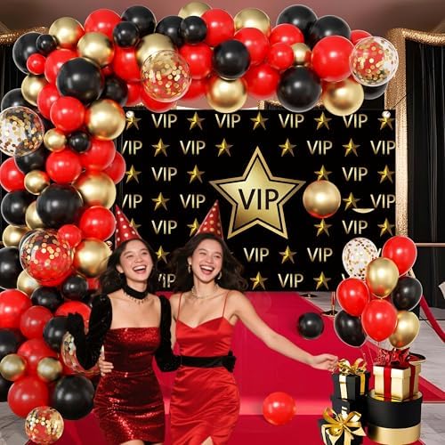 Vip Party decorations - Red Carpet Party Decorations with VIP Photography Backdrop, Gold Black Red Balloons for Hollywood Themed Events, Birthday Parties, Photo Booth Props - Image 5