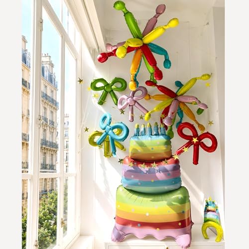 Rainbow Birthday Decoration Set 10Pcs - Giant 47" Inflated Standing Cake Foil Balloon No Helium Required, Hanging Ceiling Firework & DIY Bow Balloons, Star Banner, Hat Headband for Kids Party - Image 3