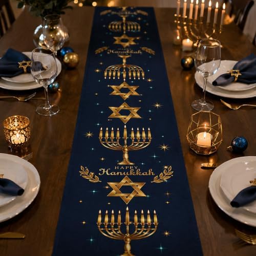 Hanukkah Decorations - Navy Blue Gold Hanukkah Table Runner - Image 2