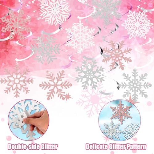 Snowflake Decorations, Christmas Hanging Decor, Pink White Silver, 30-Pc - Image 5