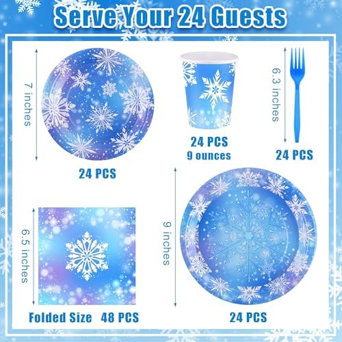 durony 144 Pieces Frozen Paper Plates and Napkins Dinnerware Set Winter Snowflake Party Tableware Supplies Includes Paper Plates Napkins Forks Serve 24 for Christmas Party Supplies - Image 2