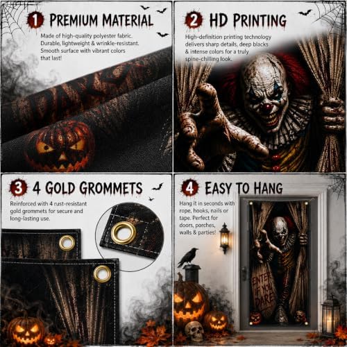Halloween Creepy Clown Door Banner 35.4 x 78.7 Inch Polyester Door Cover, Horror Circus Entrance Decoration for Front Door Porch Entryway Haunted House, Halloween Home Decor - Image 3
