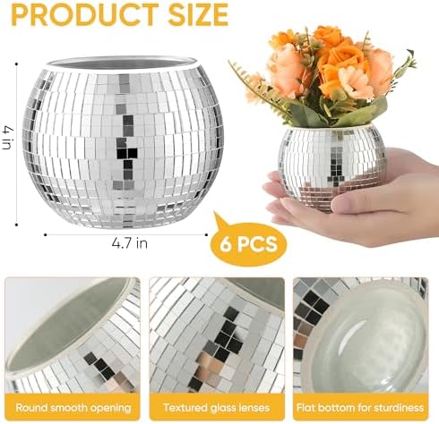 6 Pcs Disco Ball Vase Disco Ball Planter for Centerpieces Disco Ball Decor Flower Vase with Silver Mirror Glass for Wedding, Birthday, Party (4" X 4.7") - Image 3