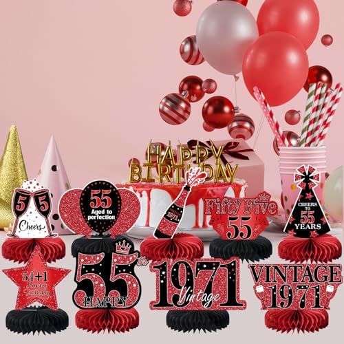 9Pcs 55th Birthday Decorations Red and Black 55th Birthday Party Decorations for Women,Happy 55 Years Vintage 1971 Aged Honeycomb Centerpieces Table Sign Decor Supplies - Image 5