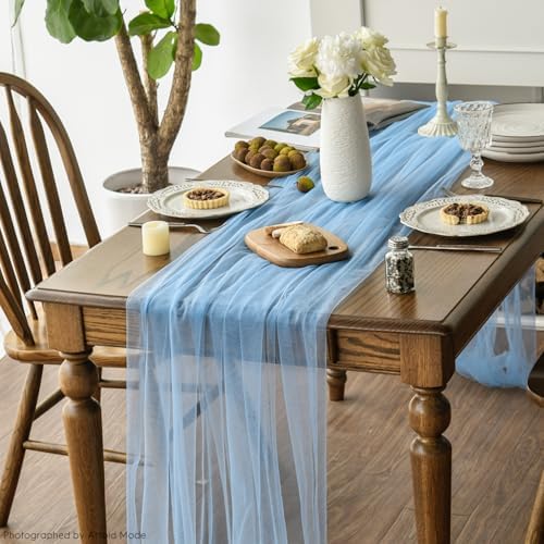 Artoid Mode 10PCS Dusty Blue Gauze Table Runner 120 Inch 10FT, Seasonal Sheer Kitchen Dining Holiday Wedding Birthday Baby Shower Table Decor for Home Party - Image 3