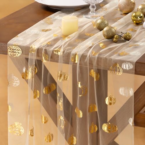Gold Gauze Table Runner Fall Pumpkin Sheer Party Centerpiece Table Decor by Socomi